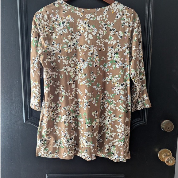 J. Jill Luxe Supima Floral Crew Neck Tunic Top Brown Tan 3/4 Sleeve Womens Sz M - Picture 2 of 7